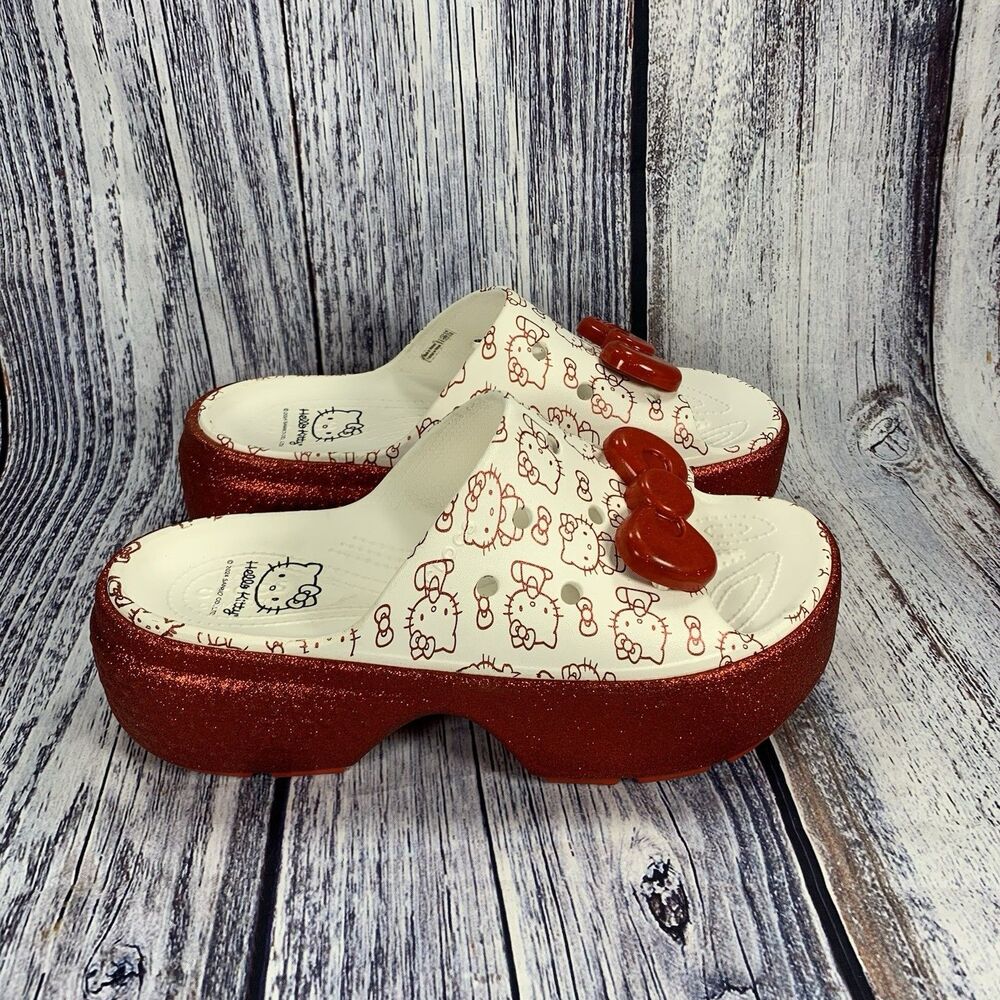Crocs X Hello Kitty Stomp Slides White Red Sparkly Platform Bow Charm Women’s 11